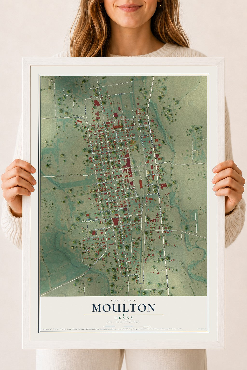 Map of Moulton, Texas, 18 x 24 inch print in a white wood frame