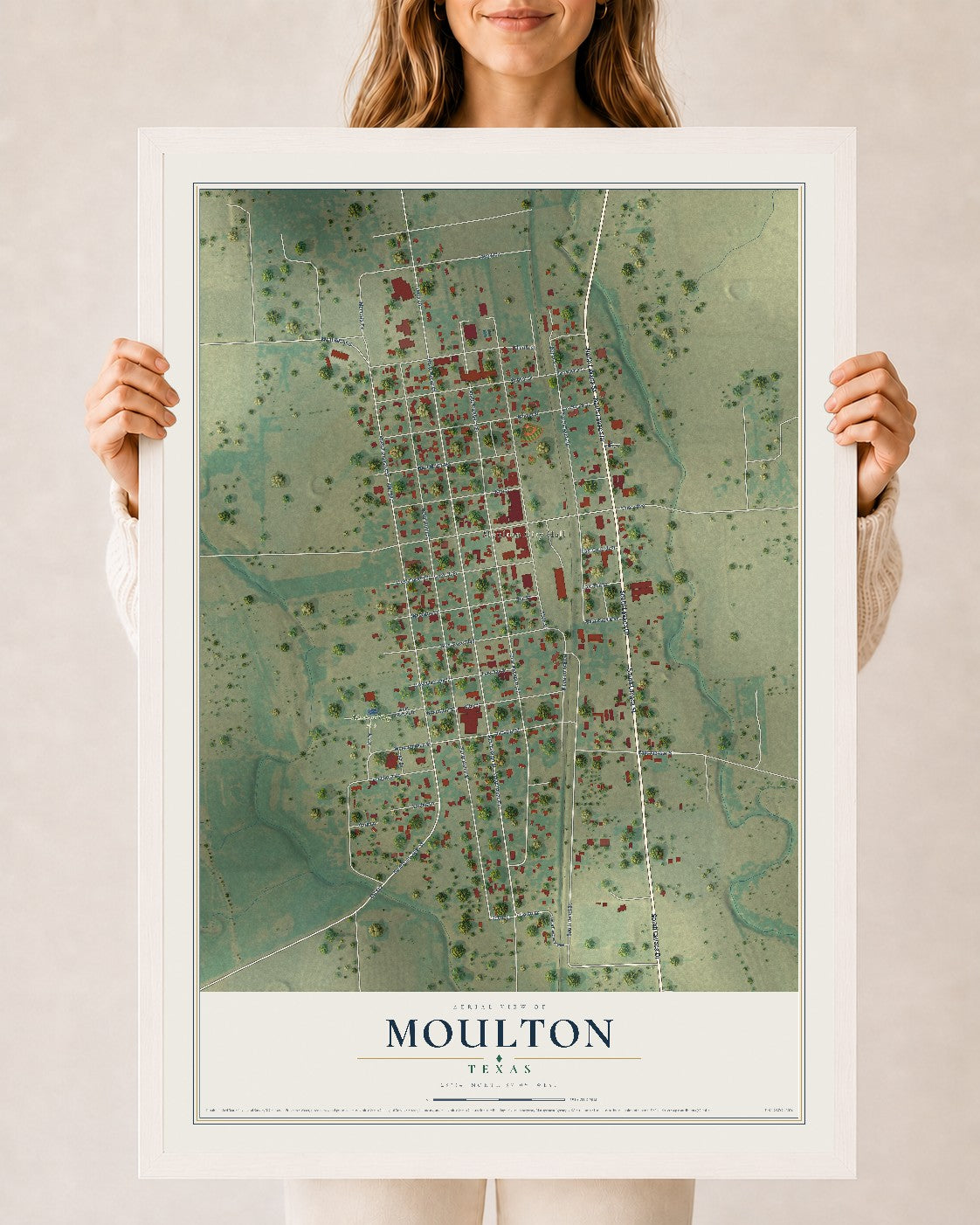 Map of Moulton, Texas, 24 x 36 inch print in a white wood frame