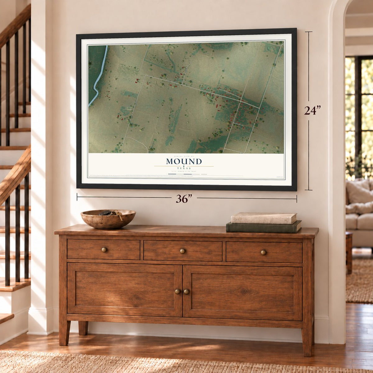 Mound, Texas map, 24 x 36 inch print in a black frame above a dresser by a staircase