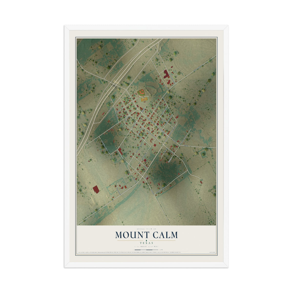 Map of Mount Calm, Texas, 12 x 18 inch print in a white wood frame