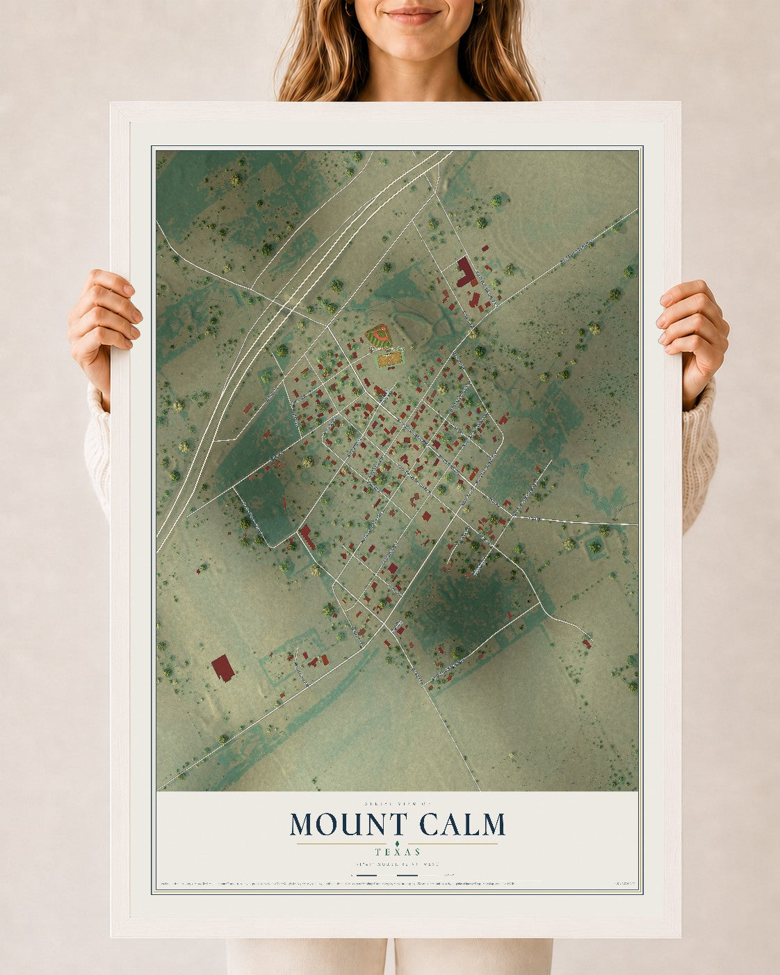 Map of Mount Calm, Texas, 24 x 36 inch print in a white wood frame