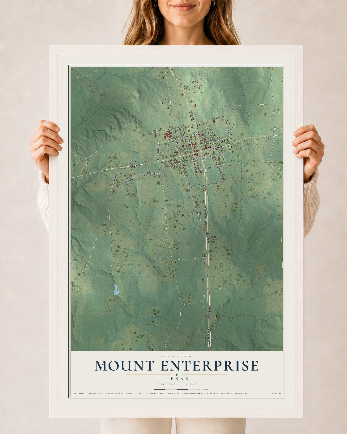 Map of Mount Enterprise, Texas, 24 x 36 inch print in a white wood frame