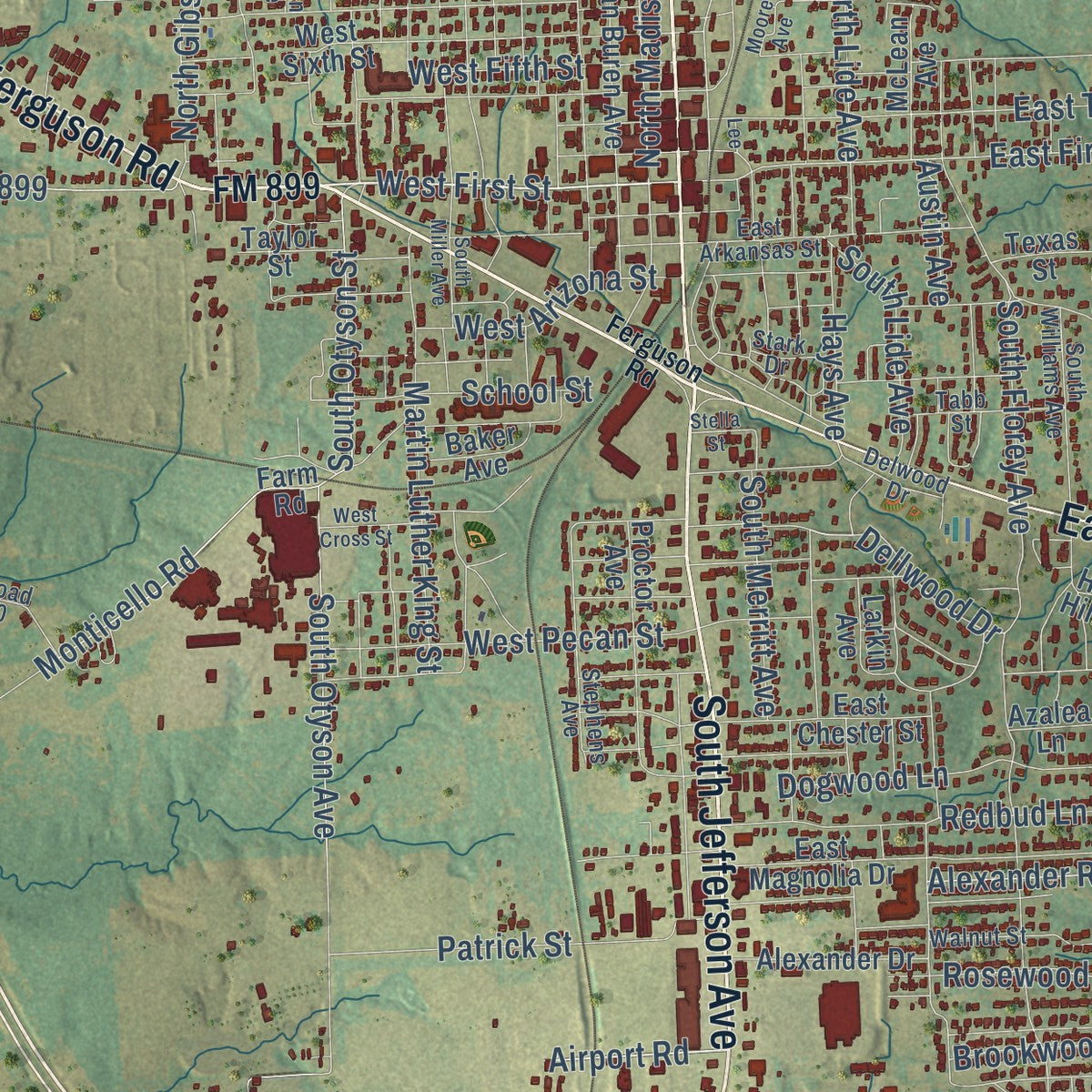 Close-up of the map of Mount Pleasant, Texas print showing street and building detail