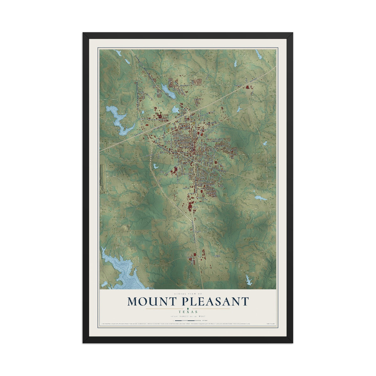 Map of Mount Pleasant, Texas, 12 x 18 inch print in a black wood frame