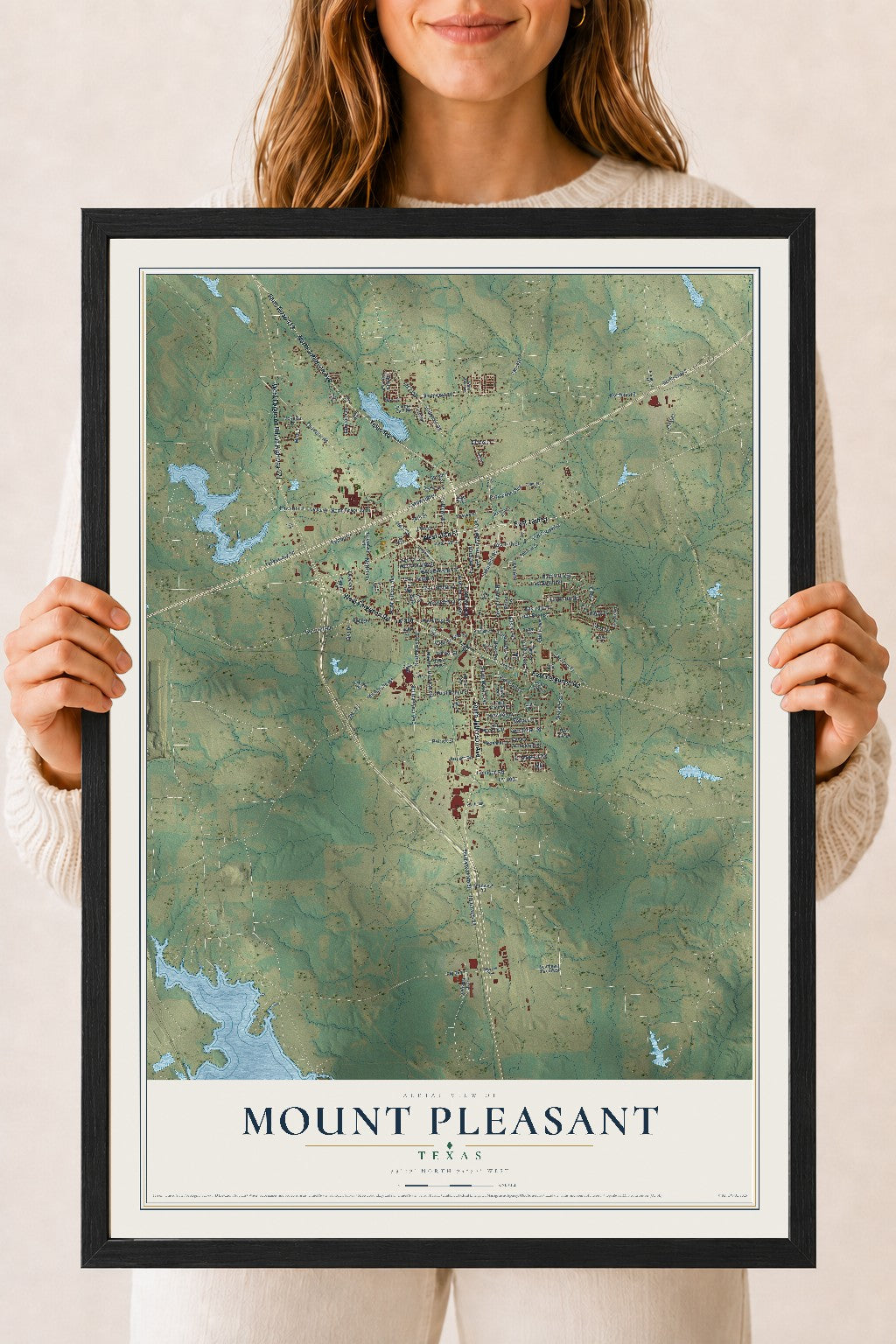 Map of Mount Pleasant, Texas, 18 x 24 inch print in a black wood frame