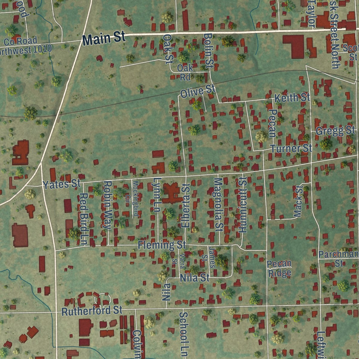 Close-up of the map of Mount Vernon, Texas print showing street and building detail