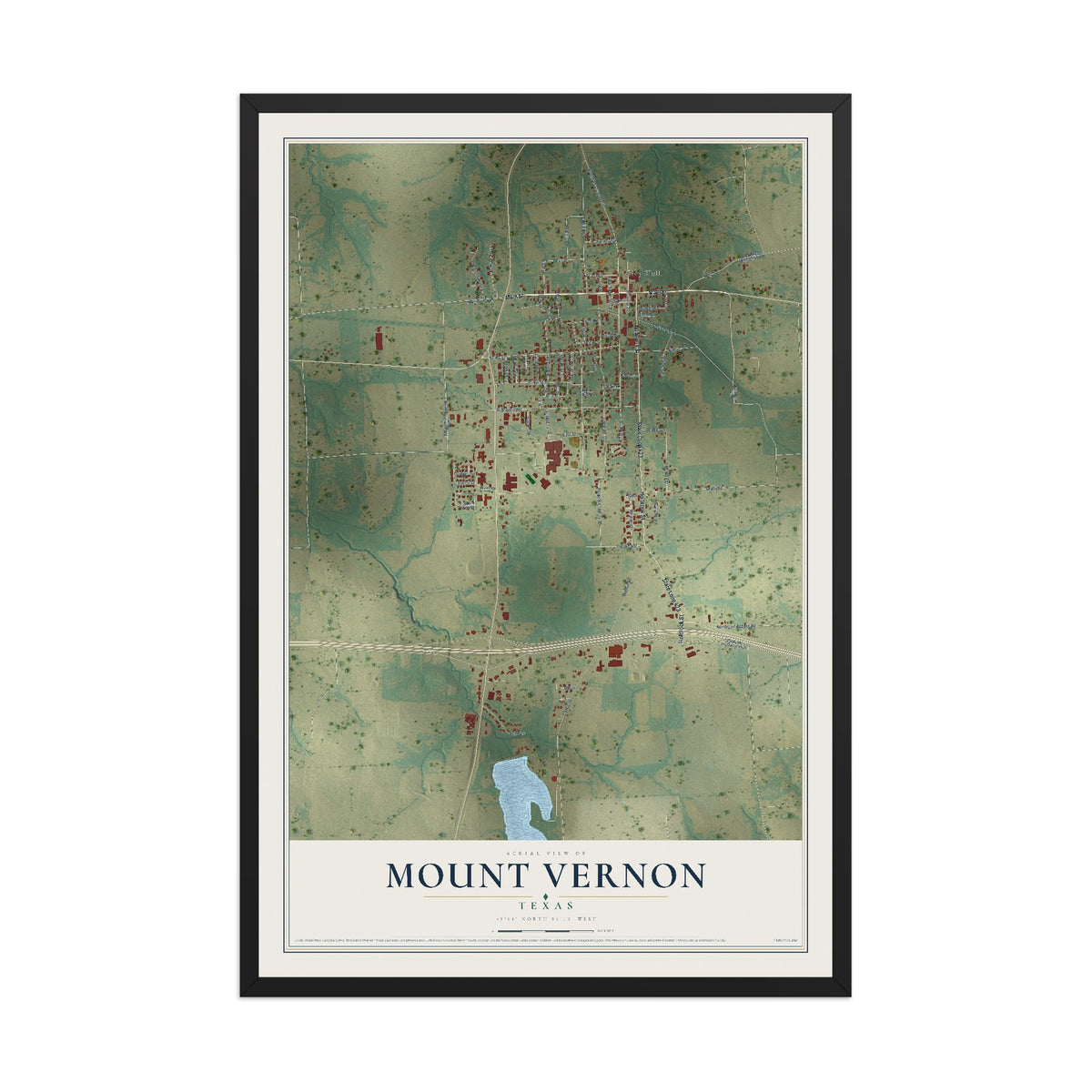 Map of Mount Vernon, Texas, 12 x 18 inch print in a black wood frame