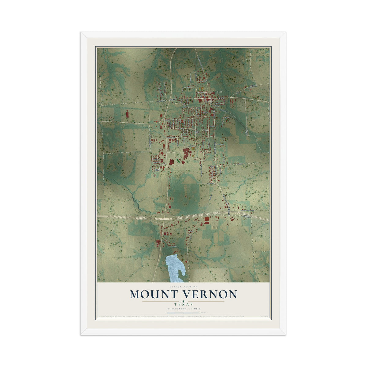 Map of Mount Vernon, Texas, 12 x 18 inch print in a white wood frame