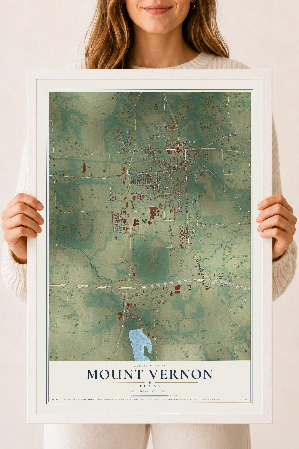 Map of Mount Vernon, Texas, 18 x 24 inch print in a white wood frame