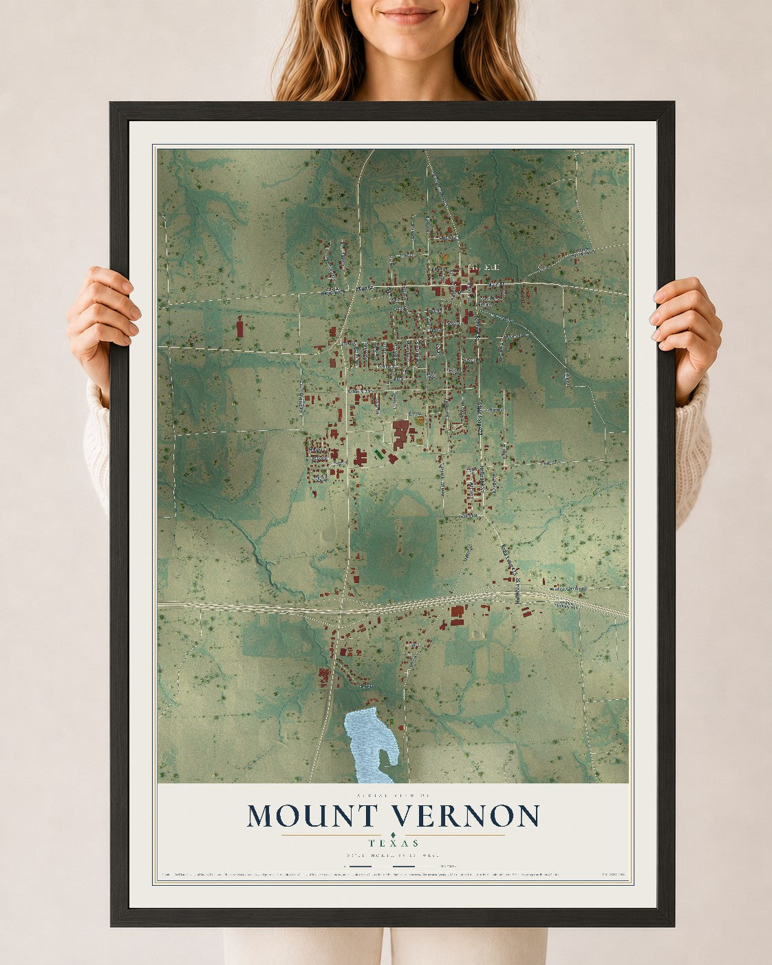 Map of Mount Vernon, Texas, 24 x 36 inch print in a black wood frame