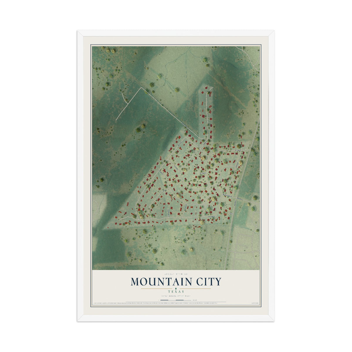 Map of Mountain City, Texas, 12 x 18 inch print in a white wood frame