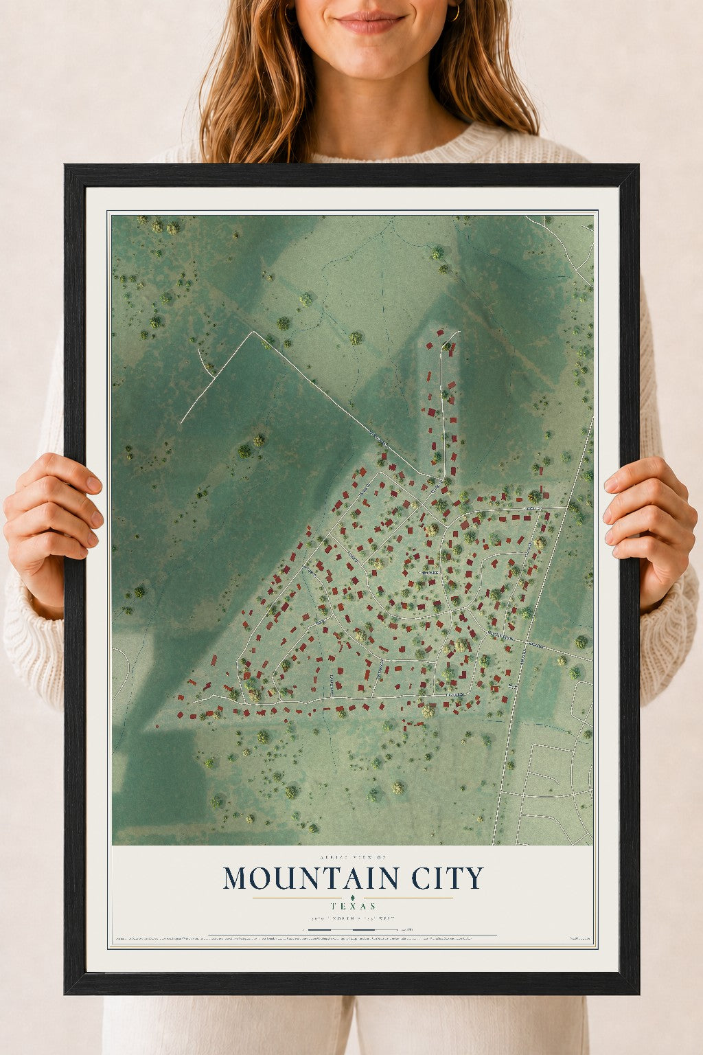 Map of Mountain City, Texas, 18 x 24 inch print in a black wood frame