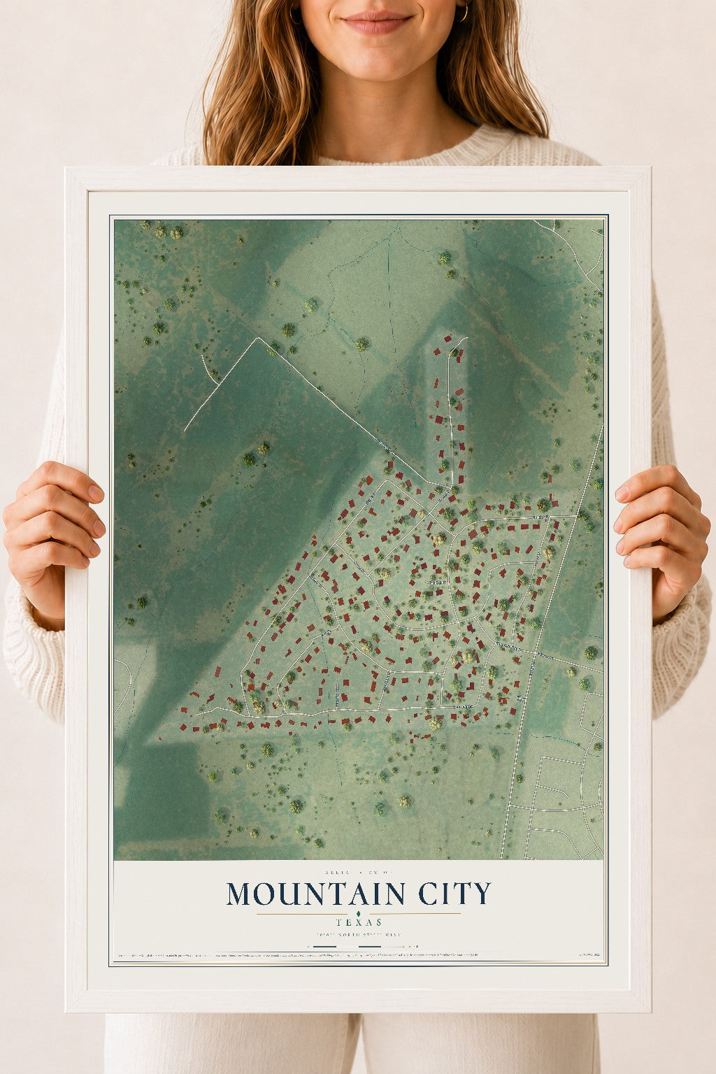 Map of Mountain City, Texas, 18 x 24 inch print in a white wood frame