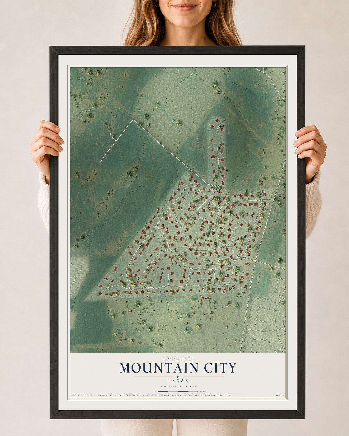 Map of Mountain City, Texas, 24 x 36 inch print in a black wood frame