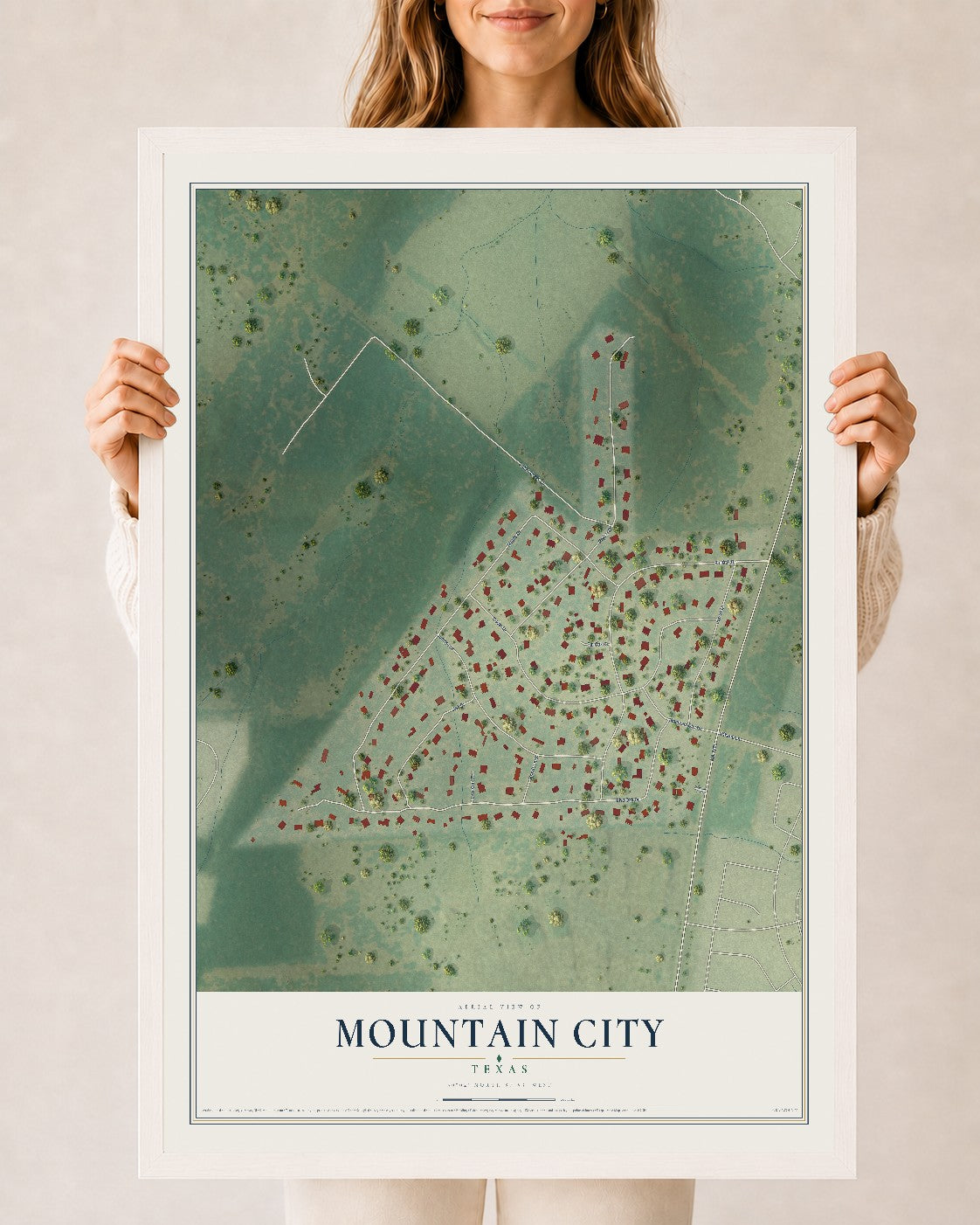 Map of Mountain City, Texas, 24 x 36 inch print in a white wood frame