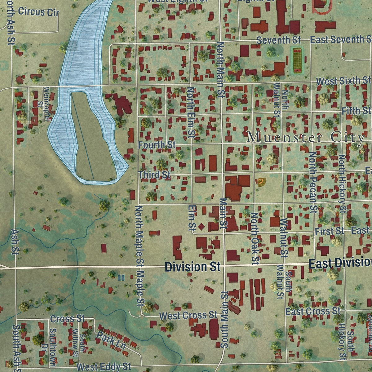 Close-up of the map of Muenster, Texas print showing street and building detail