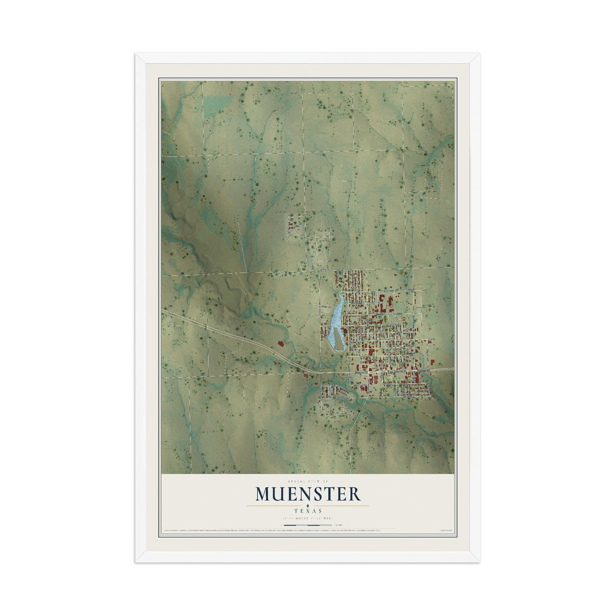 Map of Muenster, Texas, 12 x 18 inch print in a white wood frame