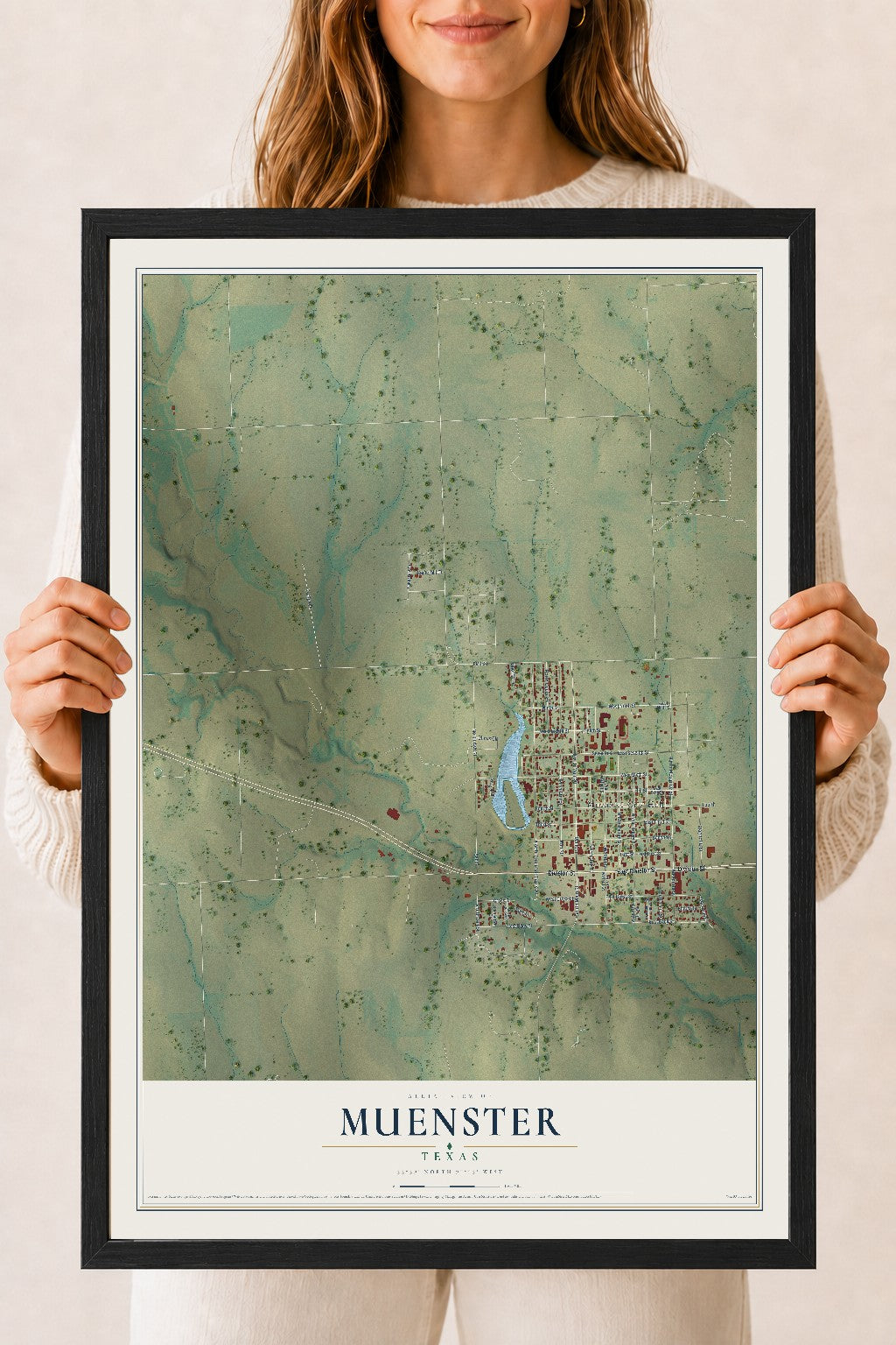 Map of Muenster, Texas, 18 x 24 inch print in a black wood frame