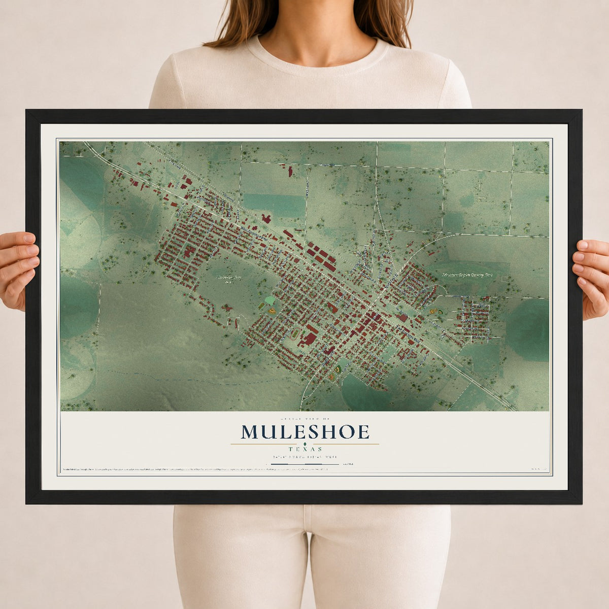 Map of Muleshoe, Texas, 18 x 24 inch print in a black wood frame
