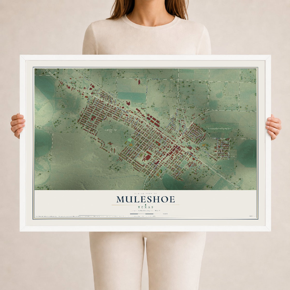 Map of Muleshoe, Texas, 24 x 36 inch print in a white wood frame