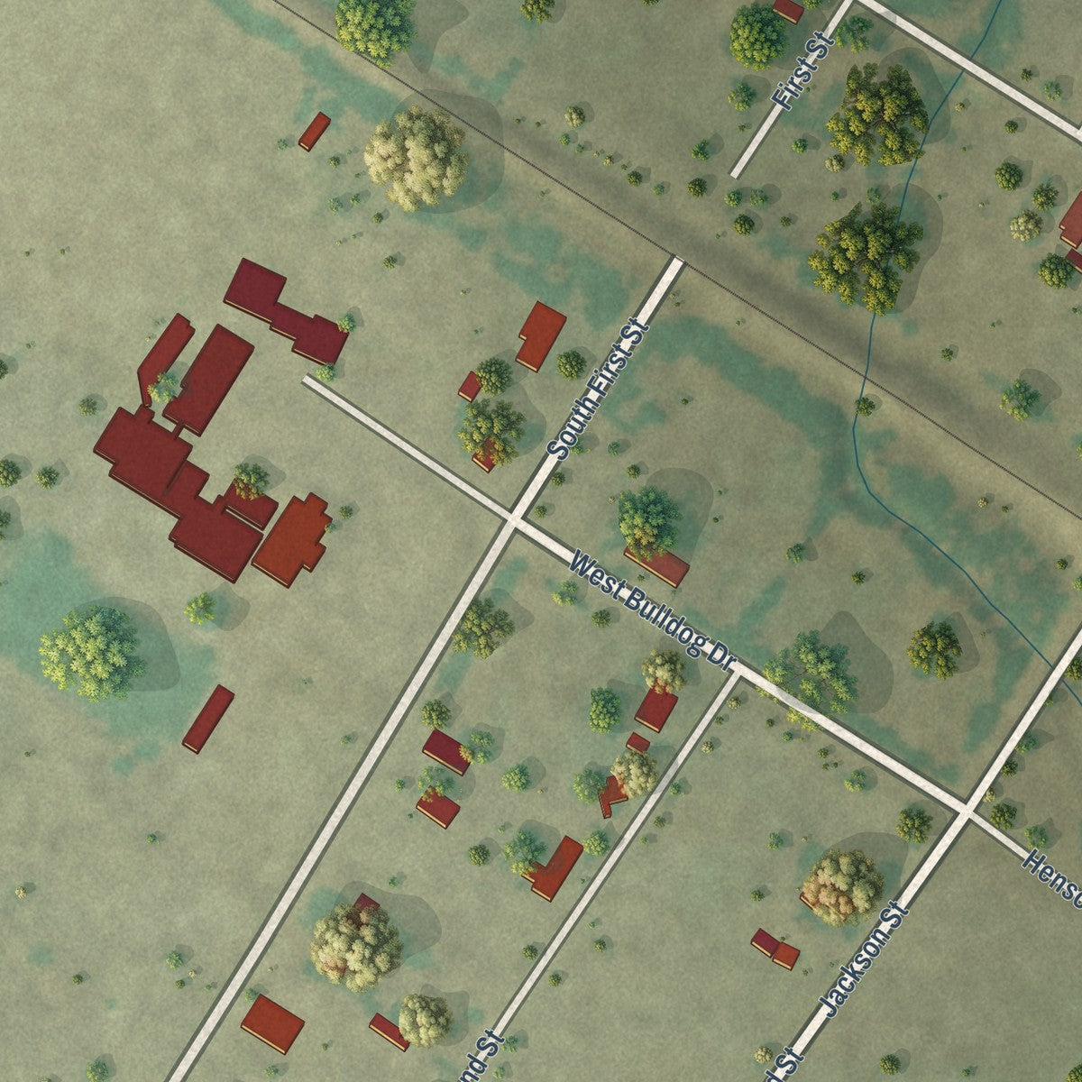 Second close-up of the map of Mullin, Texas print showing more streets and buildings