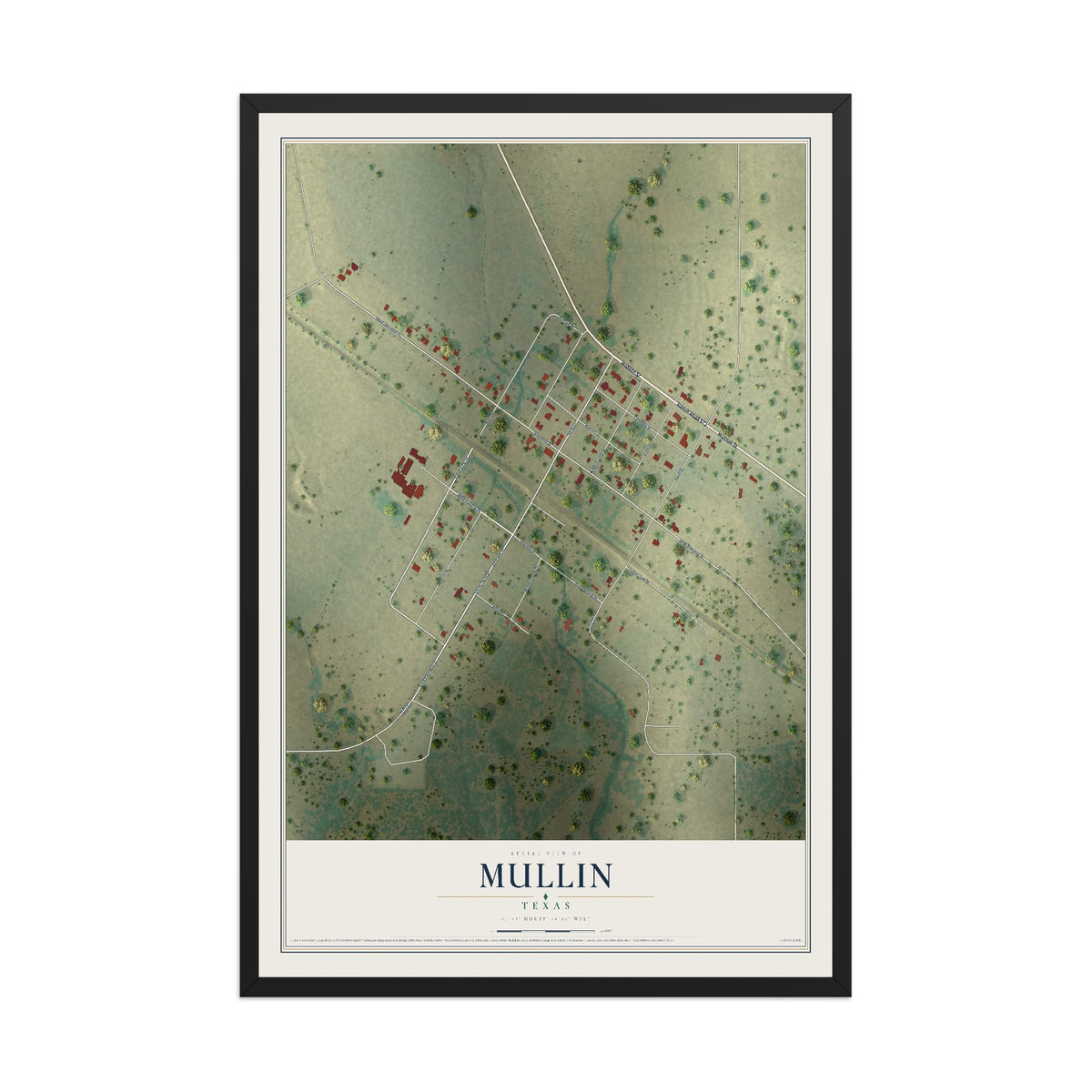 Map of Mullin, Texas, 12 x 18 inch print in a black wood frame