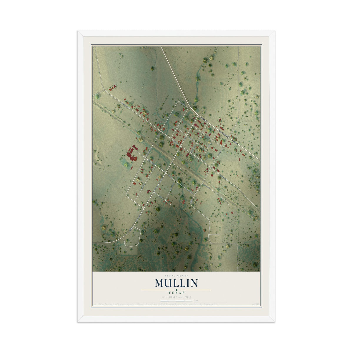 Map of Mullin, Texas, 12 x 18 inch print in a white wood frame