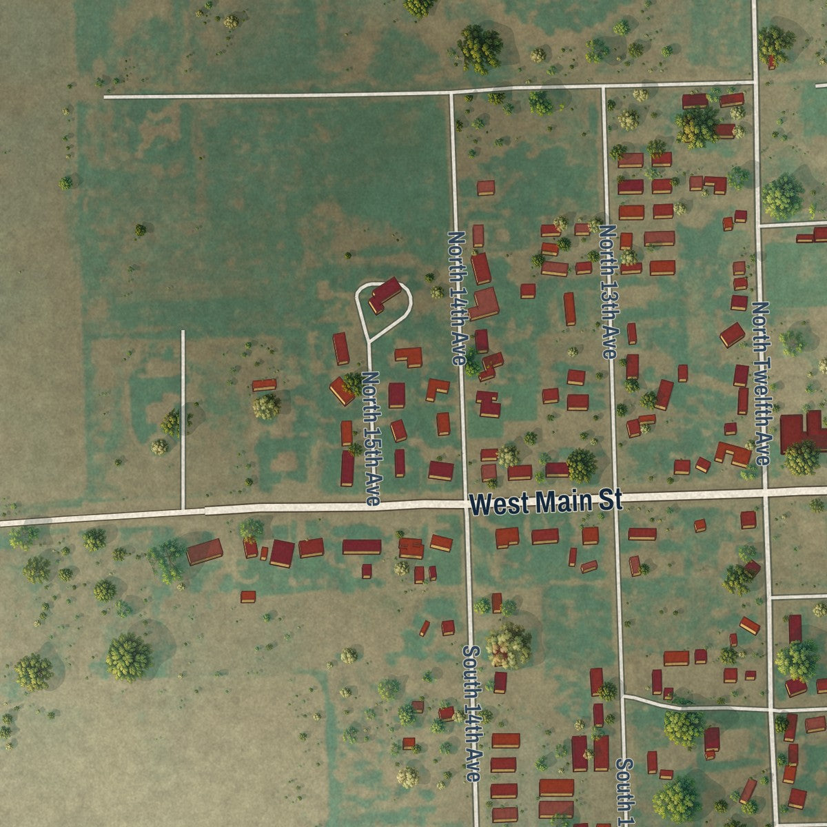 Second close-up of the map of Munday, Texas print showing more streets and buildings