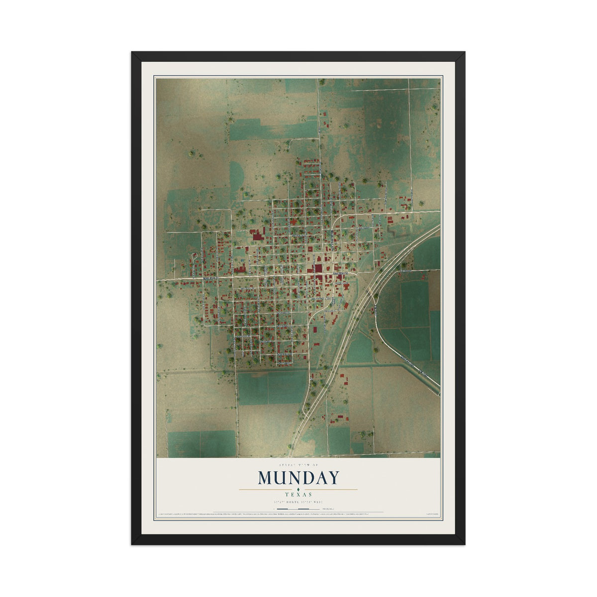 Map of Munday, Texas, 12 x 18 inch print in a black wood frame
