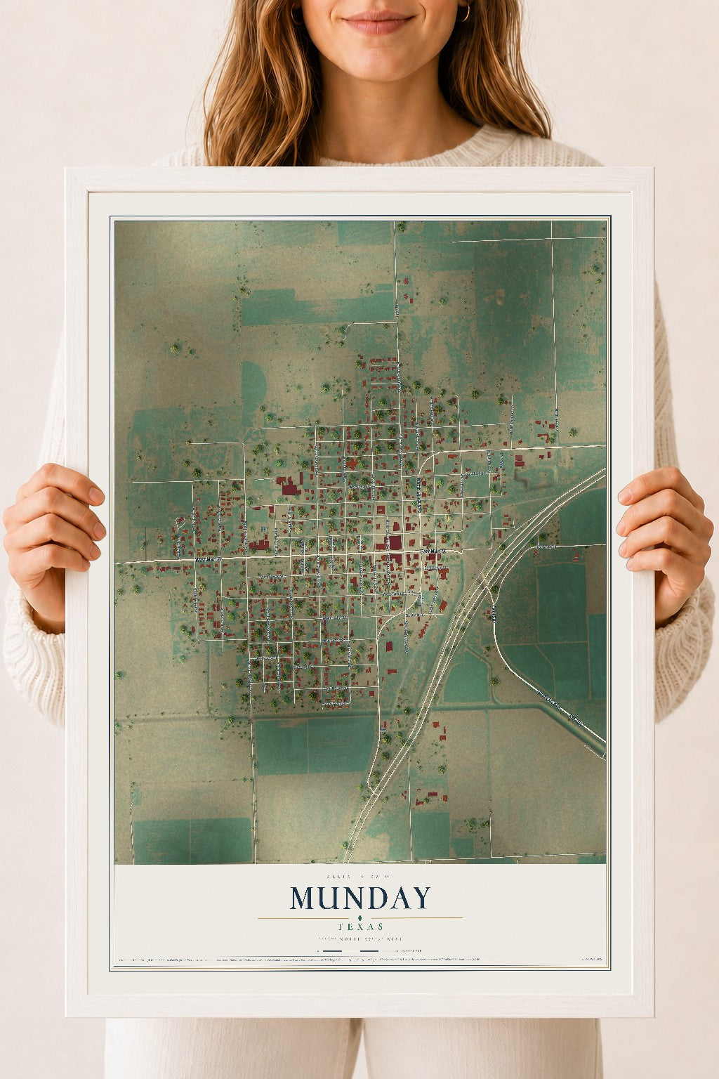 Map of Munday, Texas, 18 x 24 inch print in a white wood frame