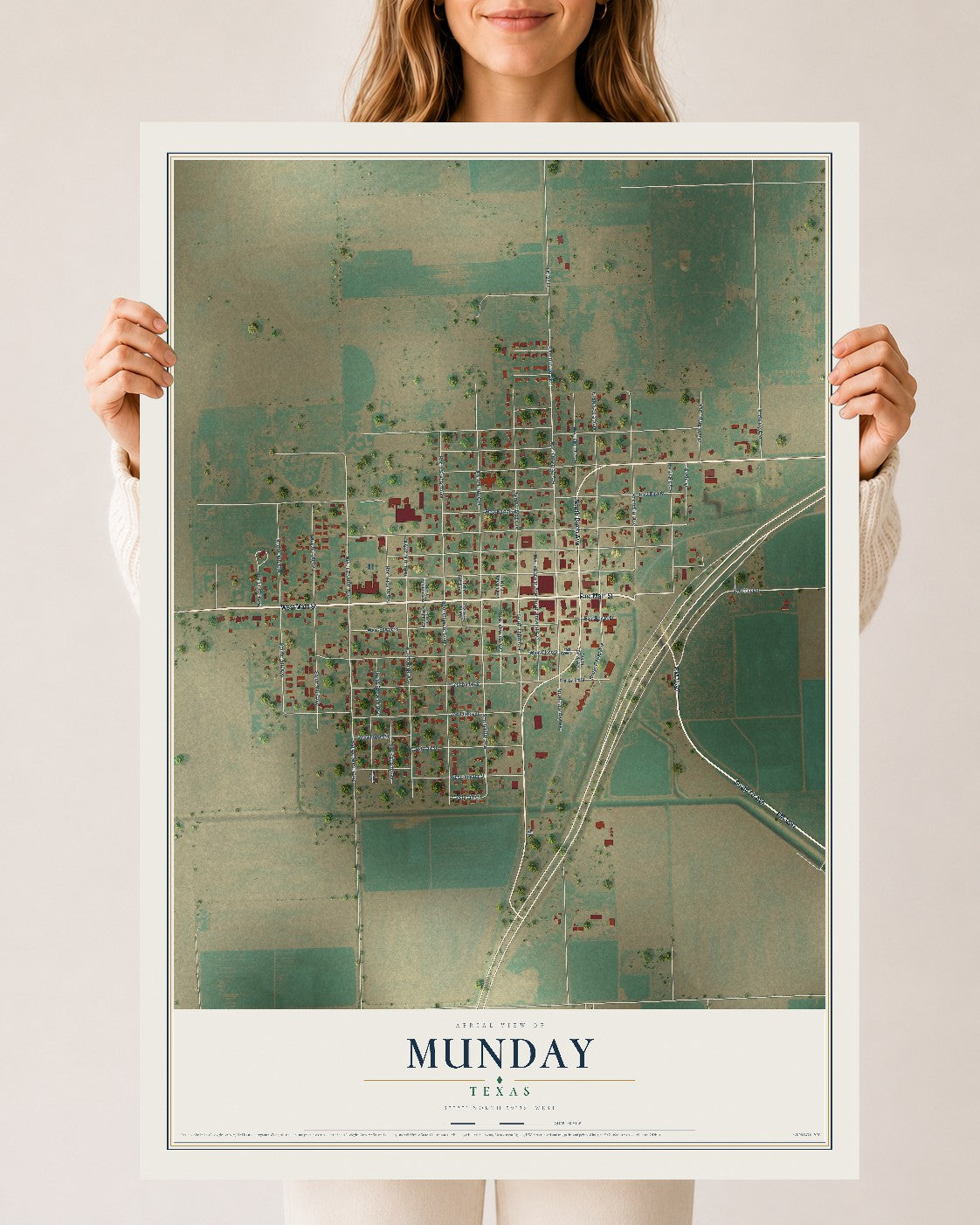Map of Munday, Texas, 24 x 36 inch unframed archival matte print