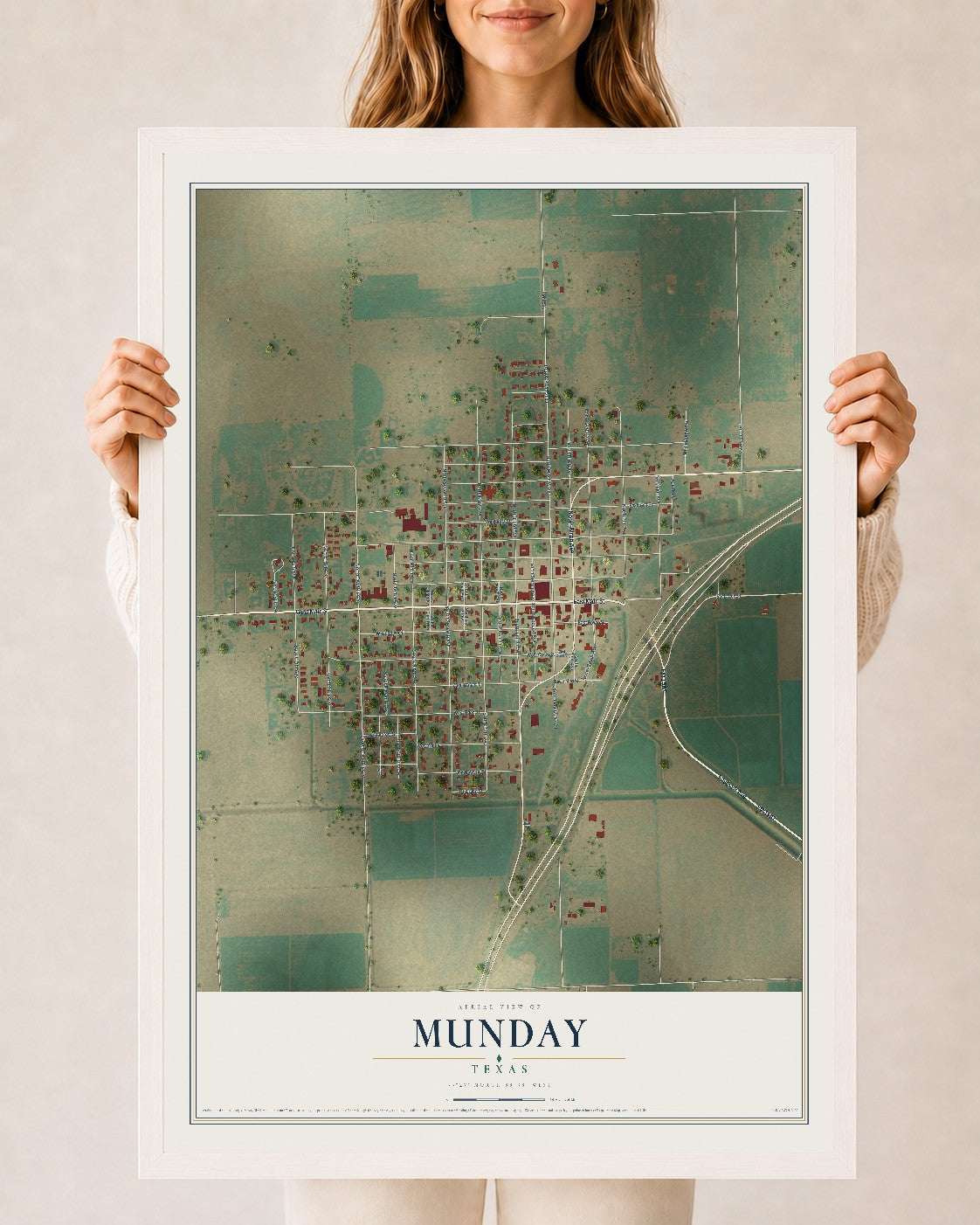 Map of Munday, Texas, 24 x 36 inch print in a white wood frame