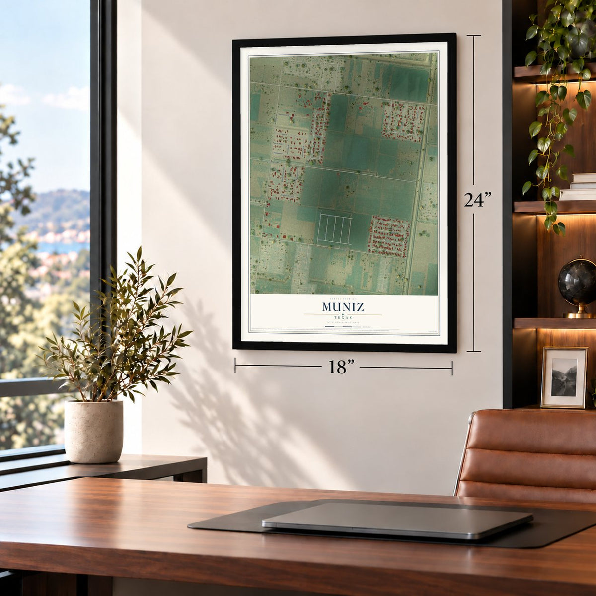Muniz, Texas map, 18 x 24 inch print in a black frame in a home office
