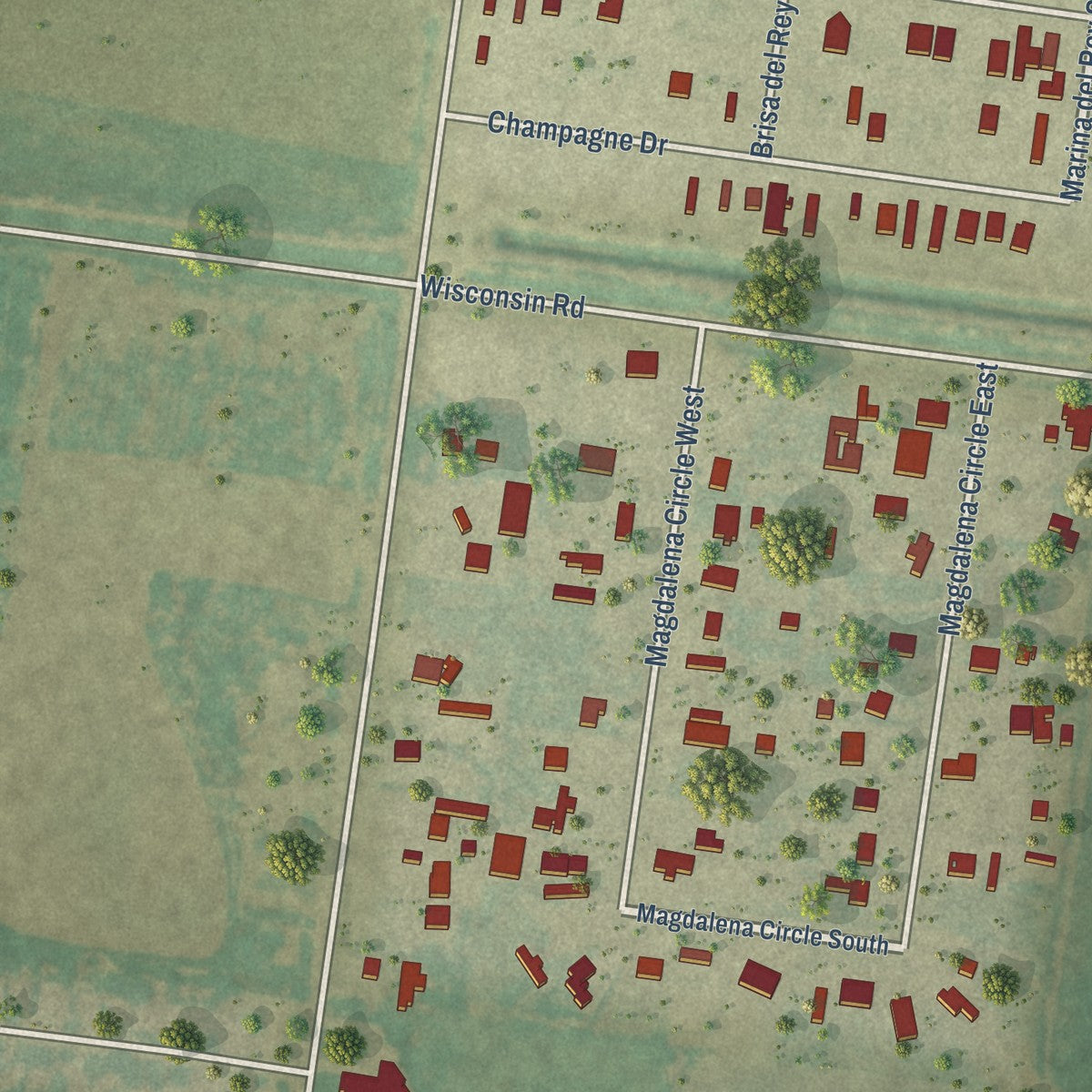Close-up of the map of Muniz, Texas print showing street and building detail