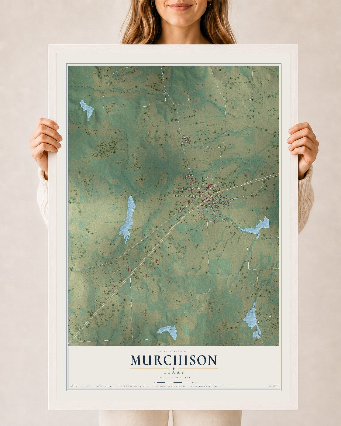 Map of Murchison, Texas, 24 x 36 inch print in a white wood frame