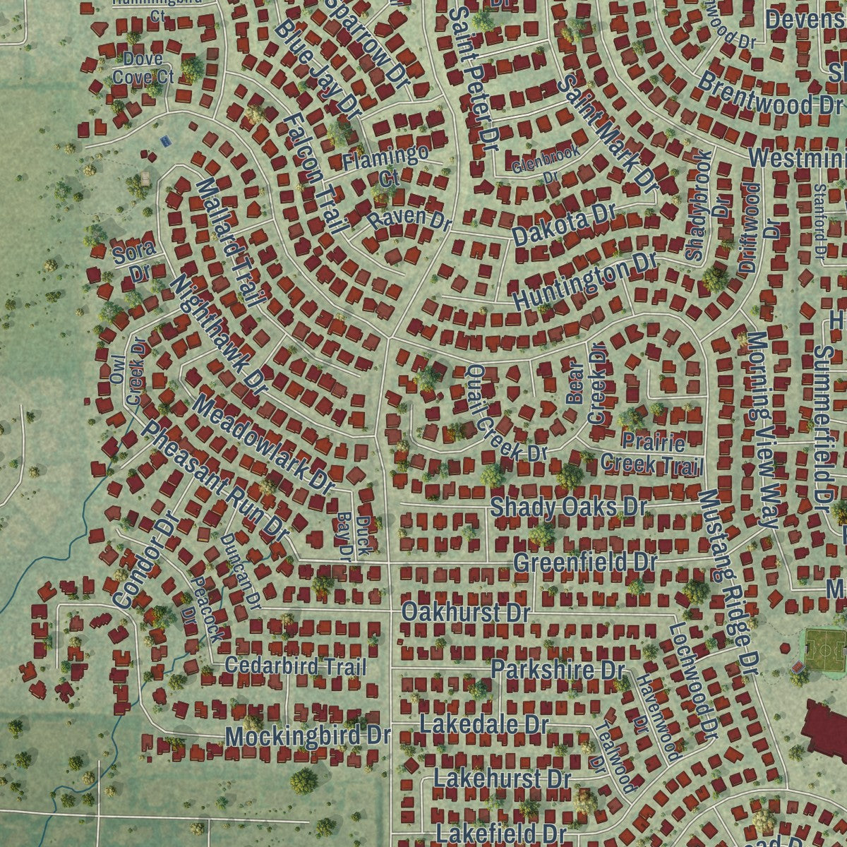 Close-up of the map of Murphy, Texas print showing street and building detail