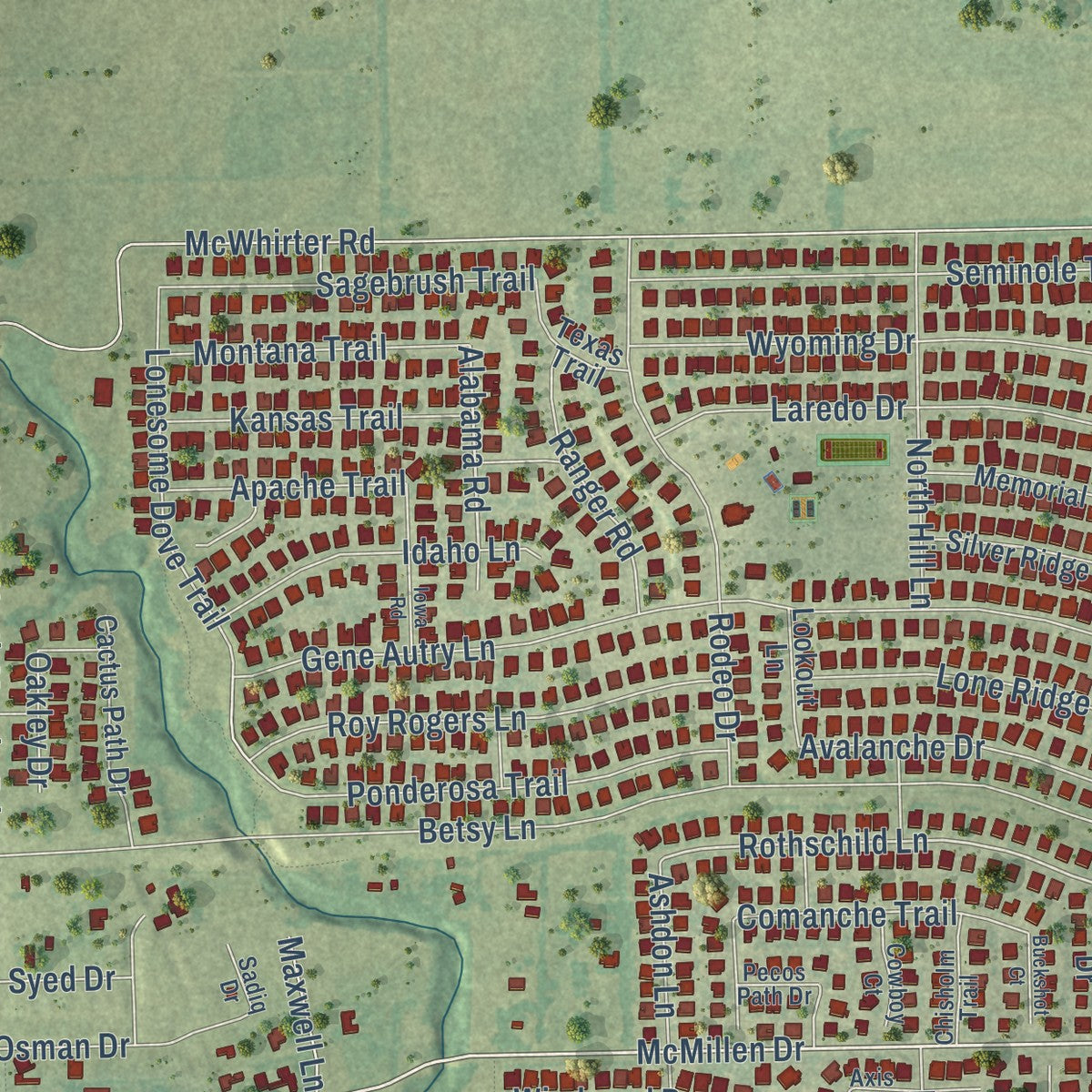 Second close-up of the map of Murphy, Texas print showing more streets and buildings