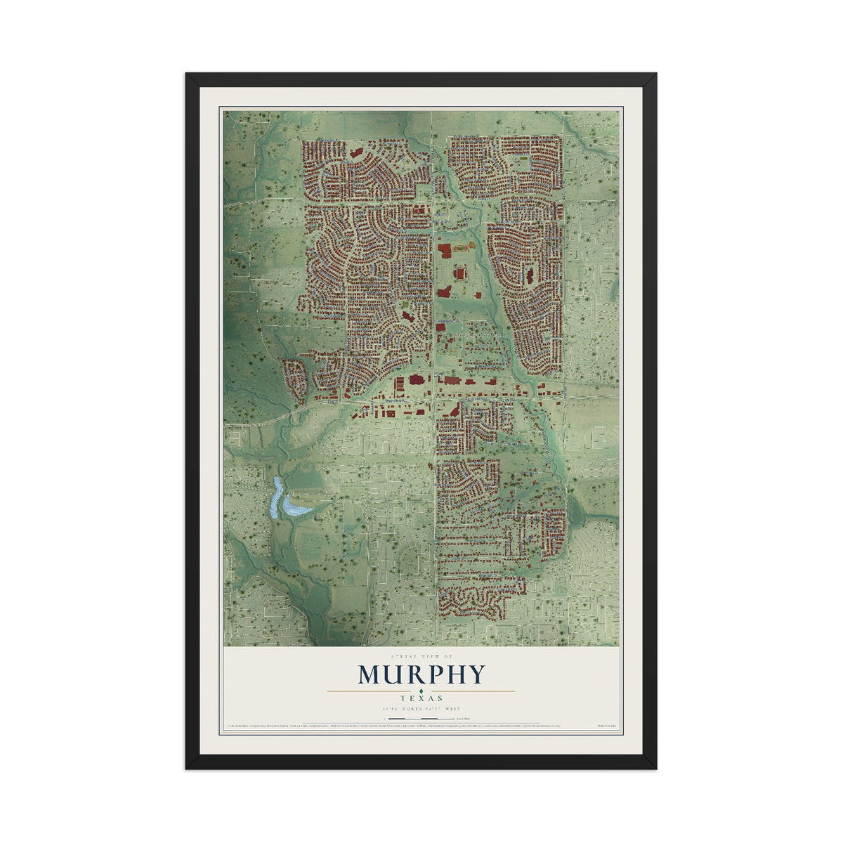 Map of Murphy, Texas, 12 x 18 inch print in a black wood frame