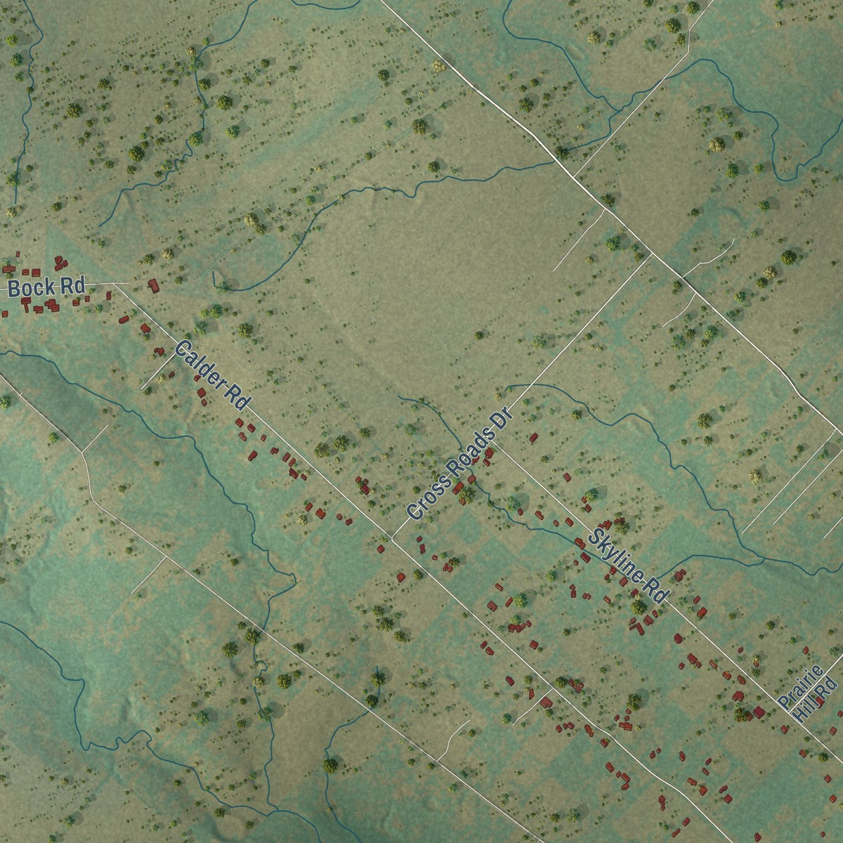 Second close-up of the map of Mustang Ridge, Texas print showing more streets and buildings