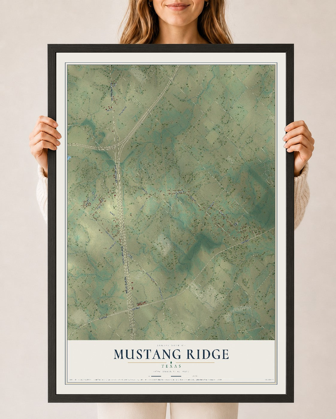 Map of Mustang Ridge, Texas, 24 x 36 inch print in a black wood frame