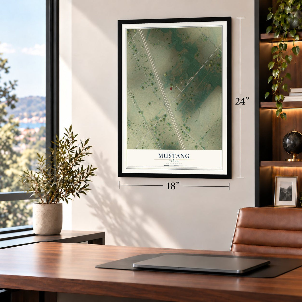 Mustang, Texas map, 18 x 24 inch print in a black frame in a home office