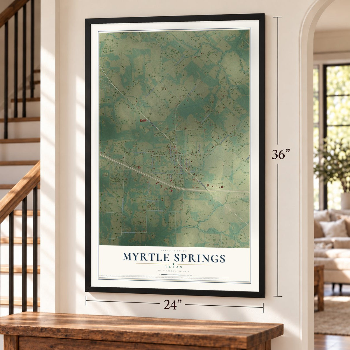 Myrtle Springs, Texas map, 24 x 36 inch print in a black frame by a staircase