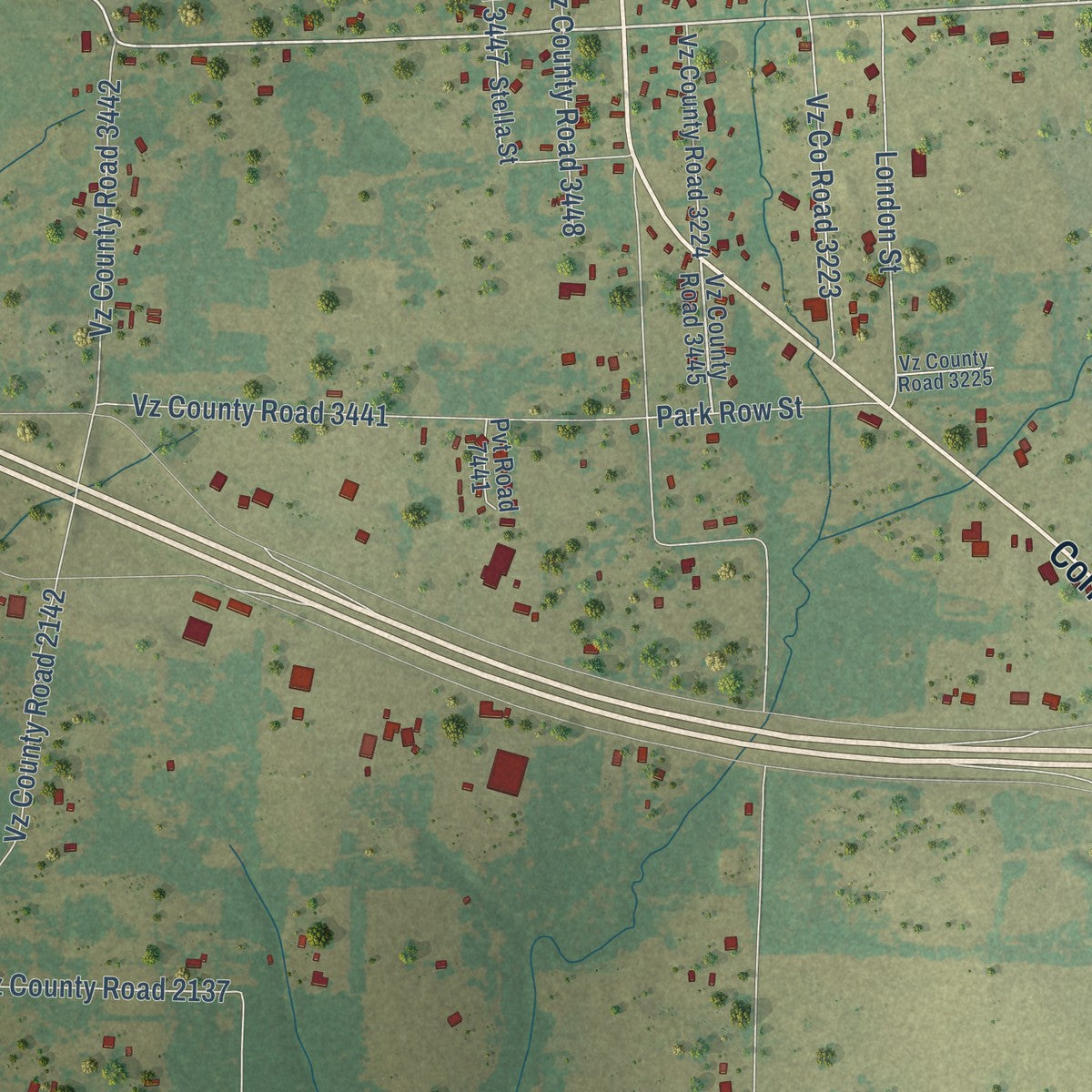 Close-up of the map of Myrtle Springs, Texas print showing street and building detail