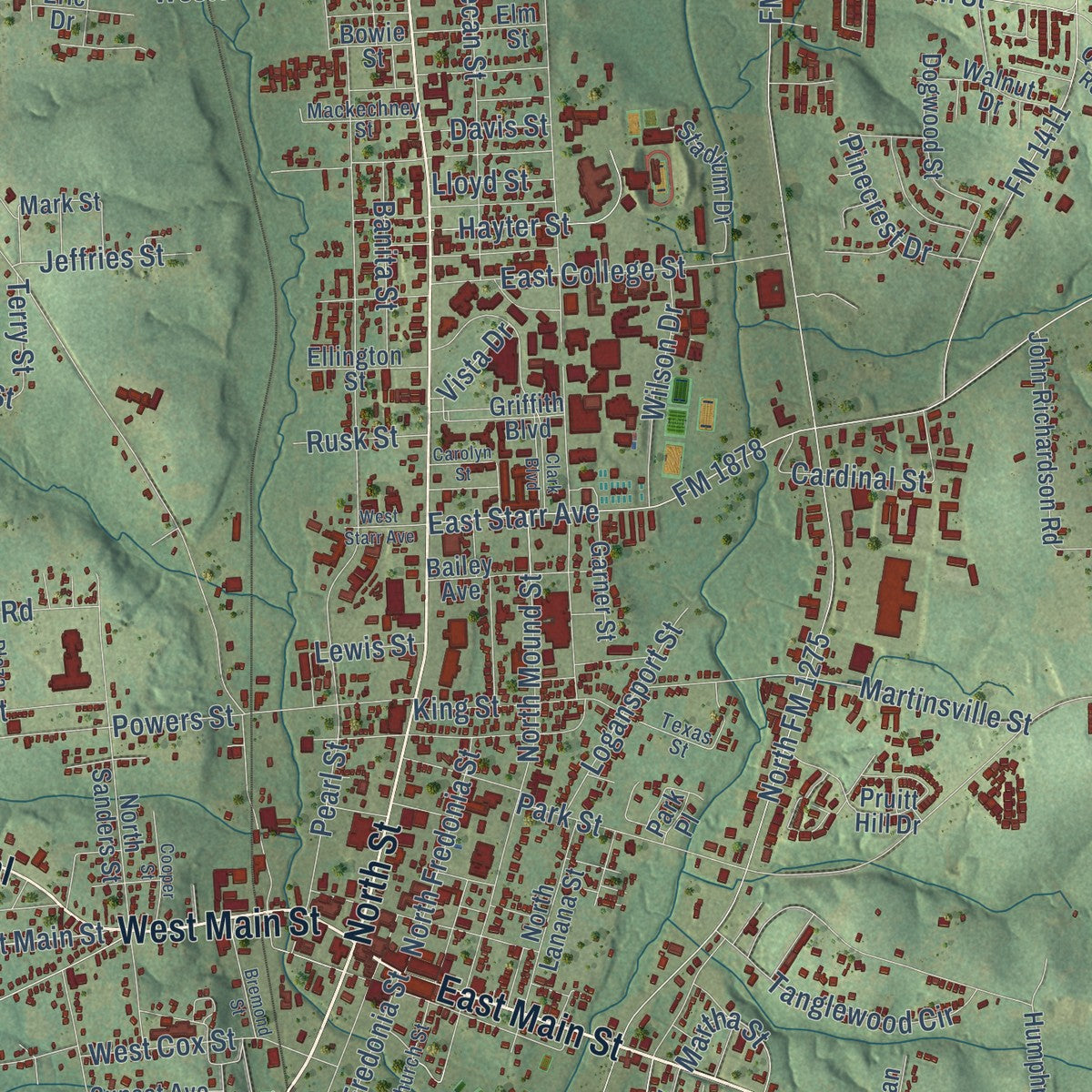 Close-up of the map of Nacogdoches, Texas print showing street and building detail