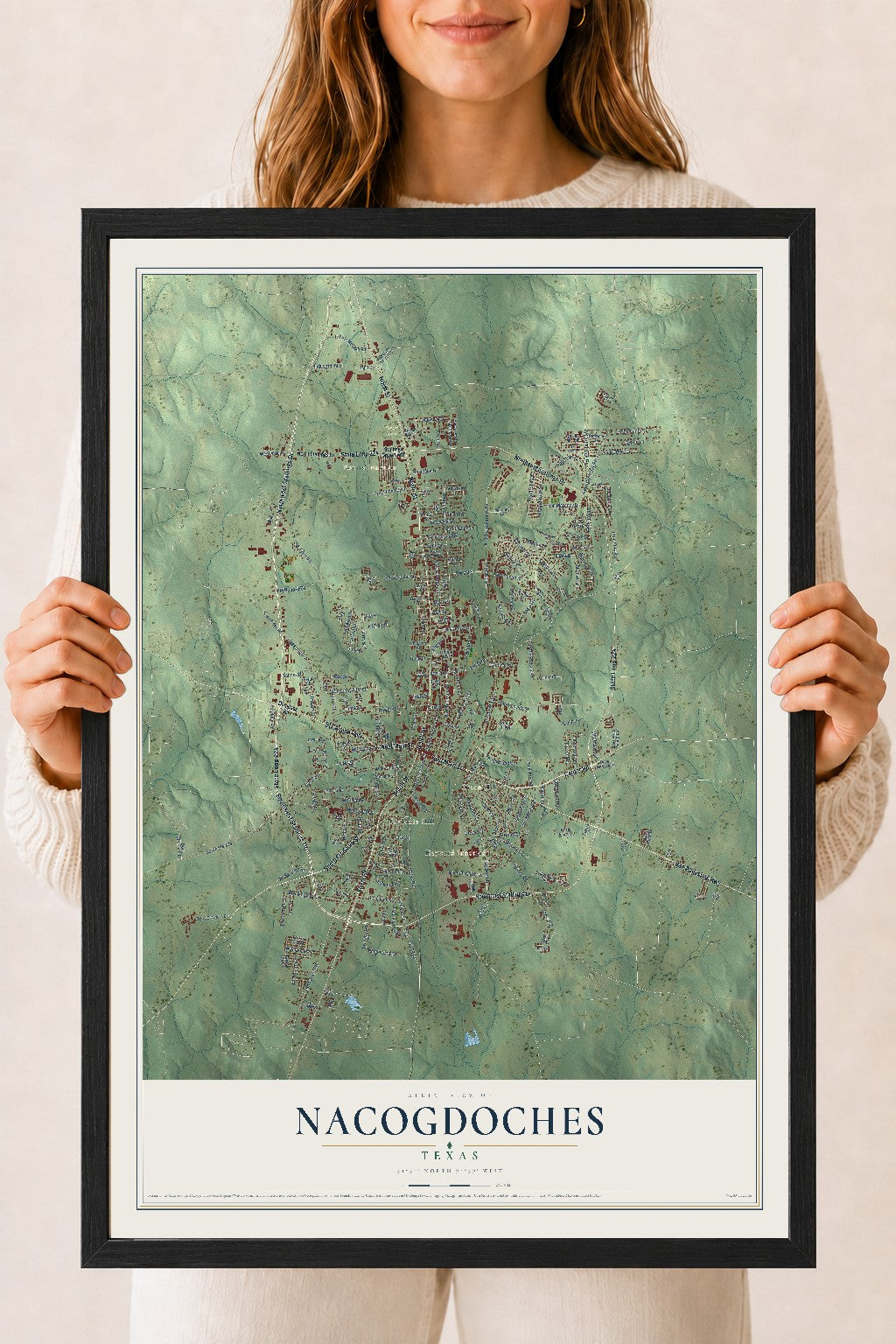 Map of Nacogdoches, Texas, 18 x 24 inch print in a black wood frame
