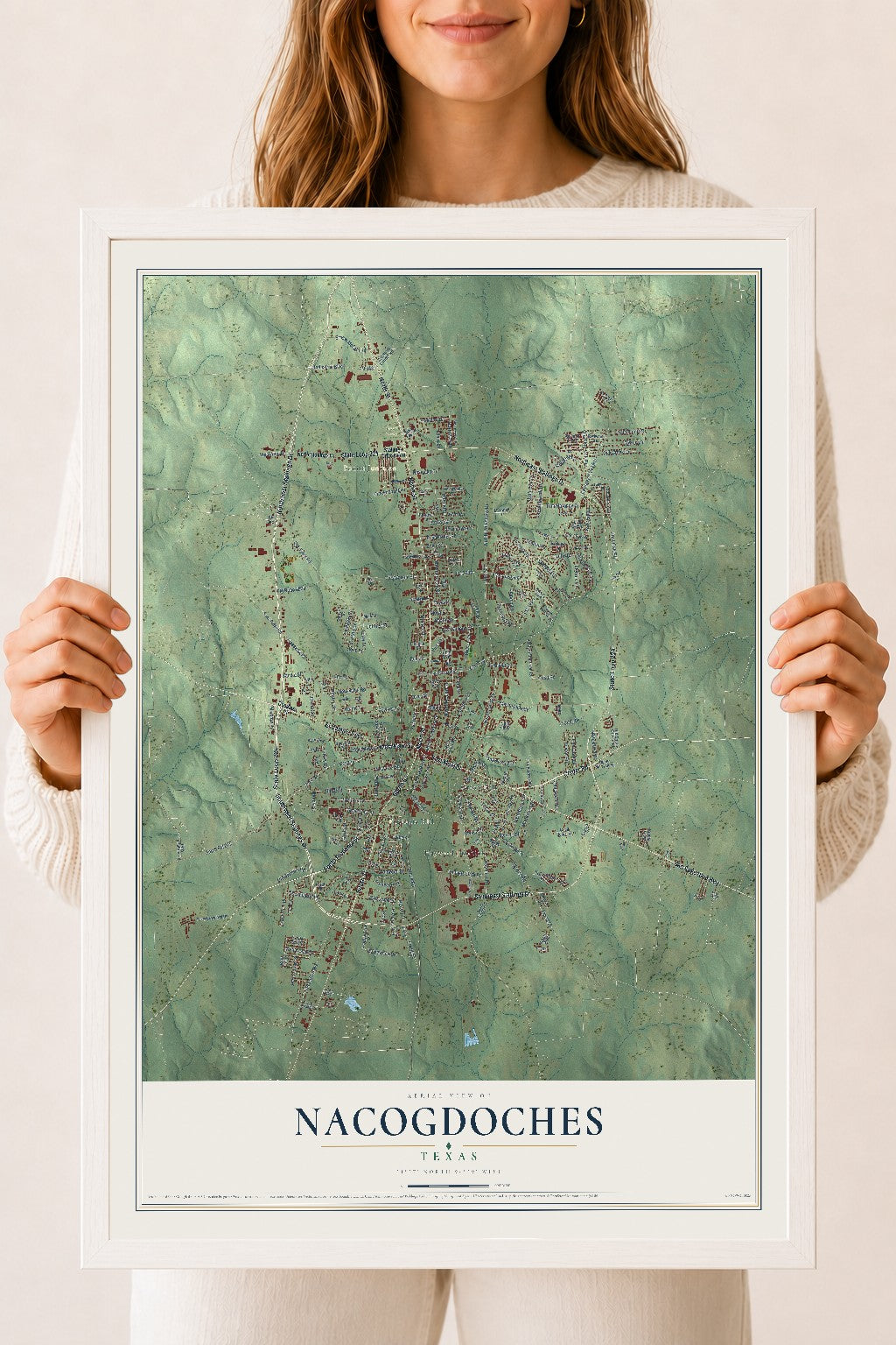 Map of Nacogdoches, Texas, 18 x 24 inch print in a white wood frame