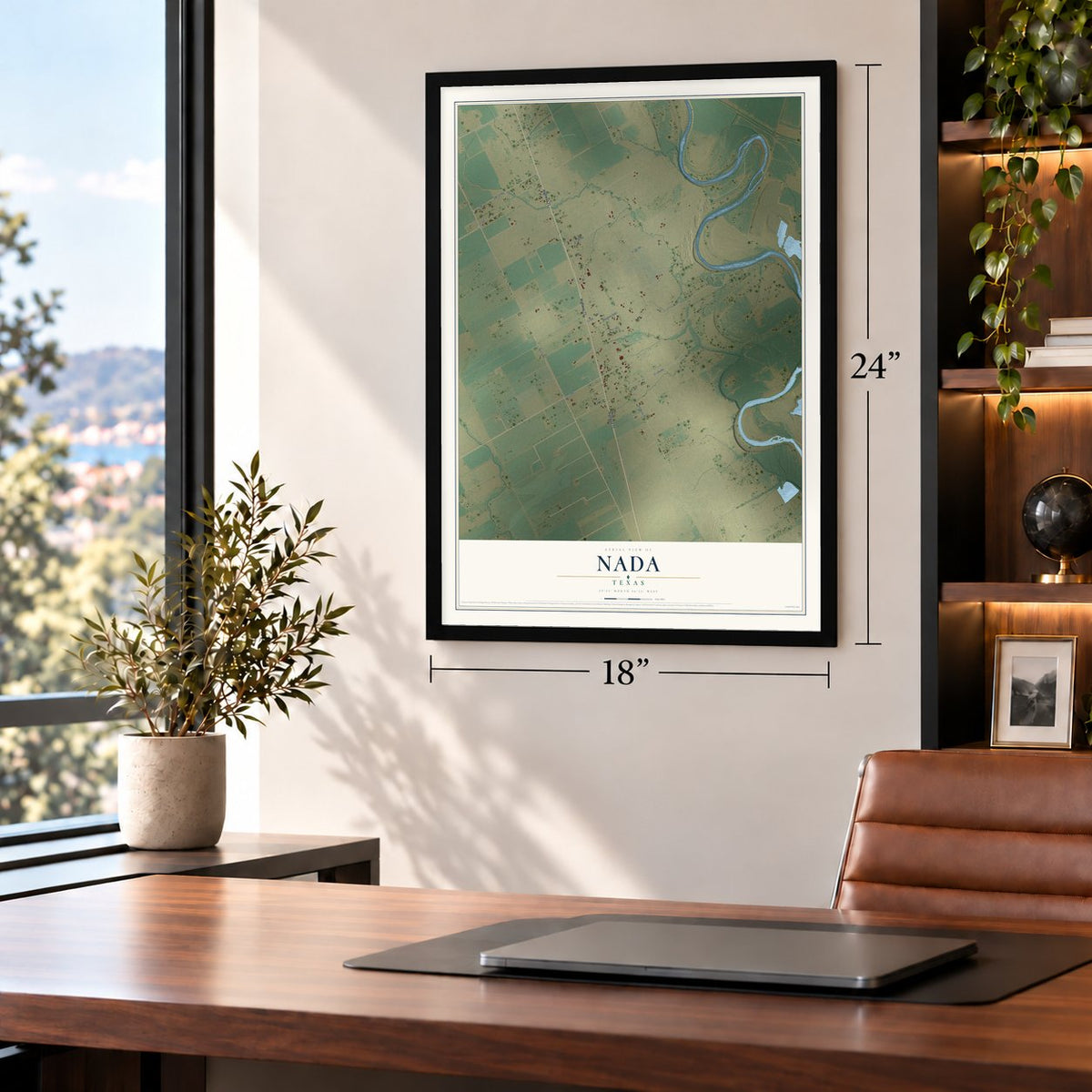 Nada, Texas map, 18 x 24 inch print in a black frame in a home office
