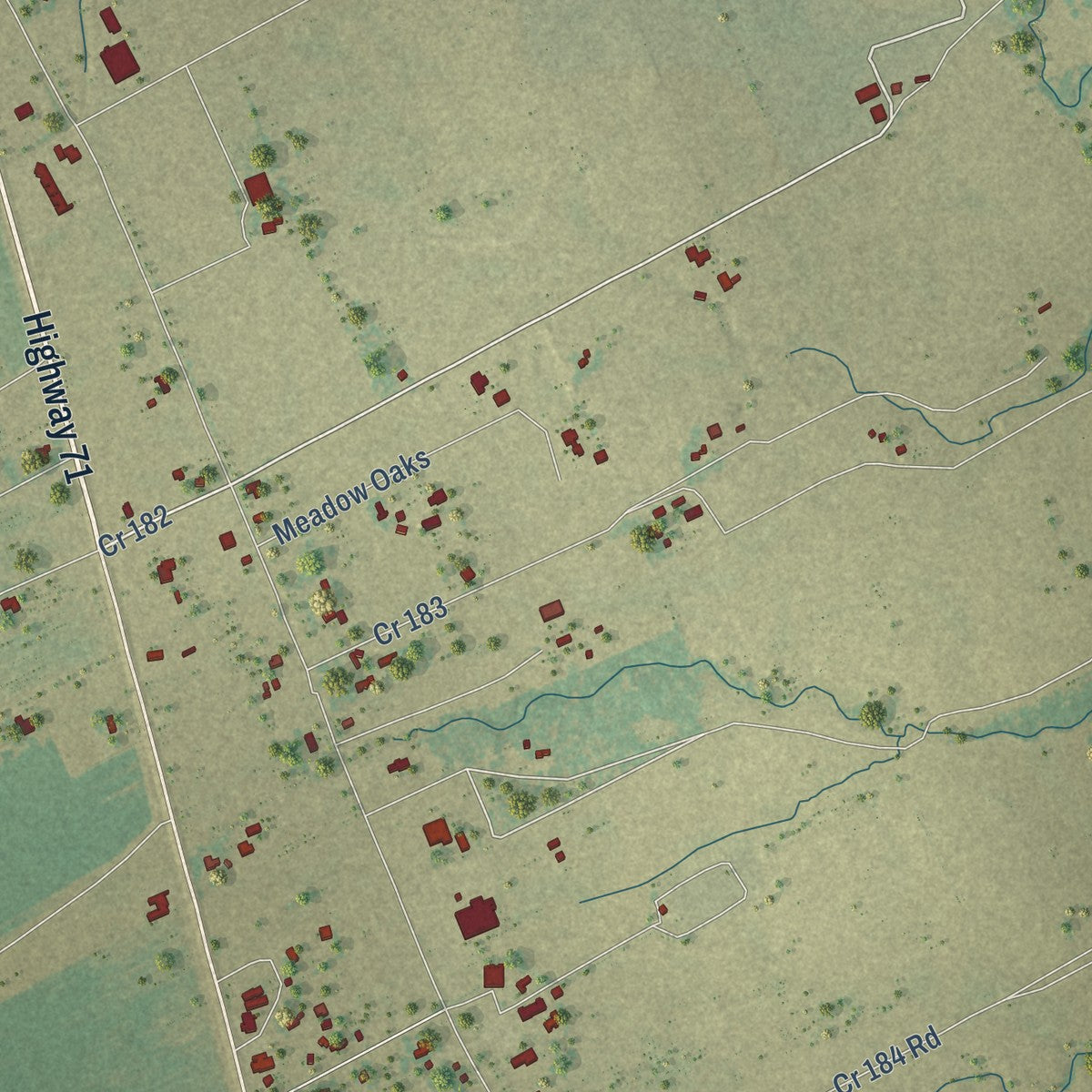 Close-up of the map of Nada, Texas print showing street and building detail