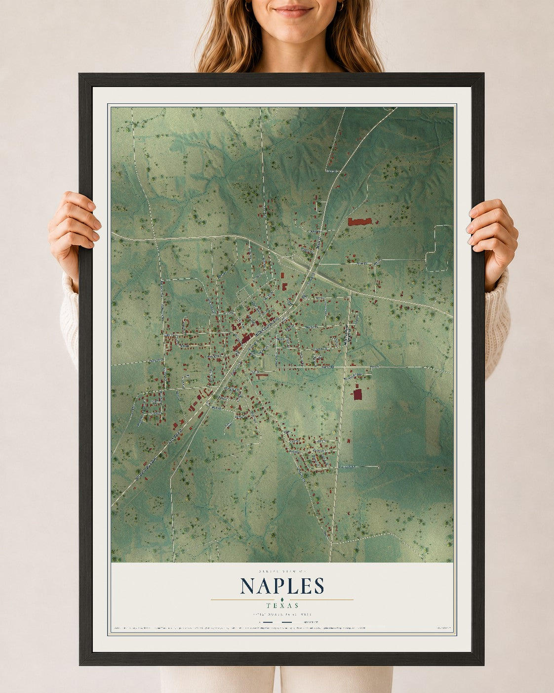 Map of Naples, Texas, 24 x 36 inch print in a black wood frame