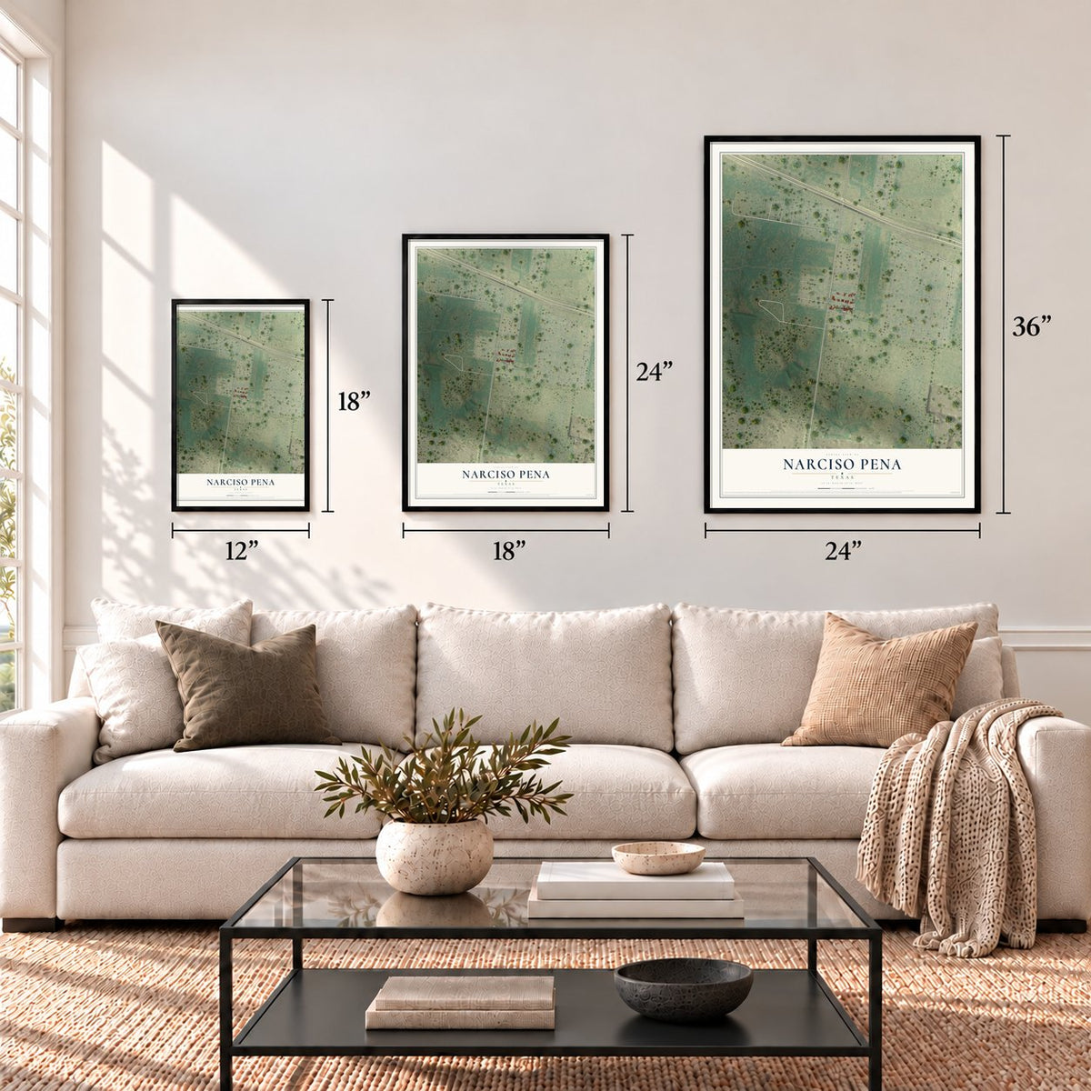 Narciso Pena, Texas map in 12 x 18, 18 x 24 and 24 x 36 inch sizes above a sofa